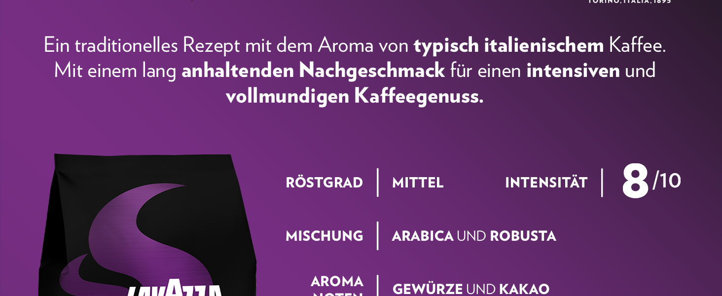 lavazza, espresso italiano cremoso, arabica und robusta kaffeebohnen, mit aromanoten von gewürzen und kakao, intensität 8/10, mittlere röstung, 1 packung mit 1 kg