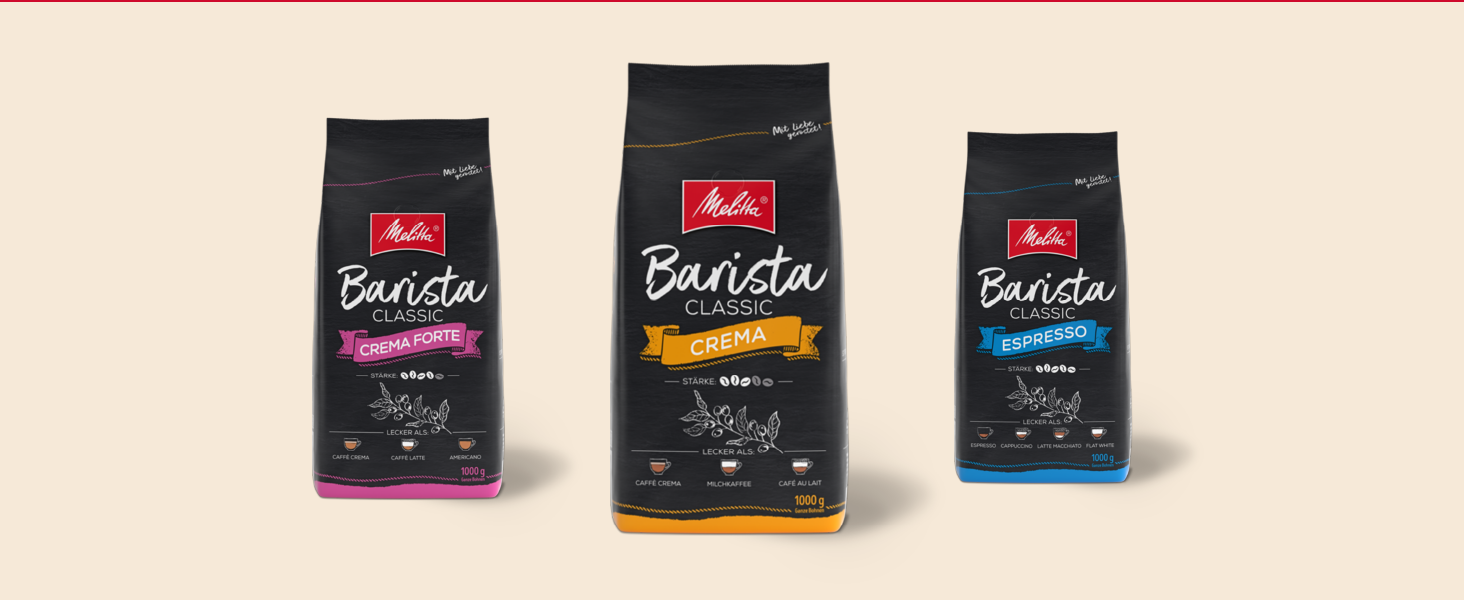 melitta barista classic crema, ganze kaffee bohnen 1kg, ungemahlen, kaffeebohnen für kaffee vollautomat, mittlere röstung, stärke 3, verpackung kann variieren