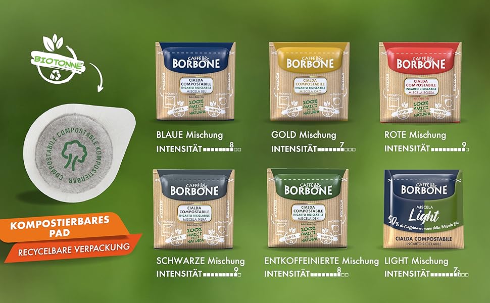 caffè borbone kompostierbare kaffeepads, blaue kaffeemischung 150 pads kompatibel mit ese system papier pads 44 mm