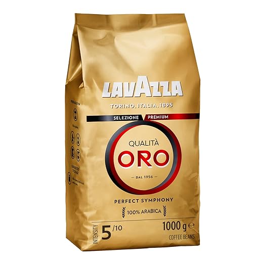 lavazza, qualità oro, kaffeebohnen, mit aromanoten von früchten und blumen, für einen samtigen espresso, 100 % arabica kaffeebohnen, intensität 5/10, mittlere röstung, 1 kg