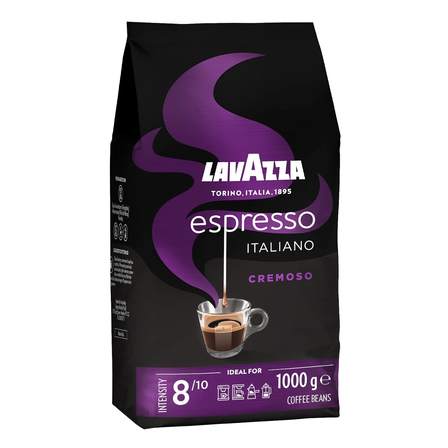 lavazza, espresso italiano cremoso, arabica und robusta kaffeebohnen, mit aromanoten von gewürzen und kakao, intensität 8/10, mittlere röstung, 1 packung mit 1 kg