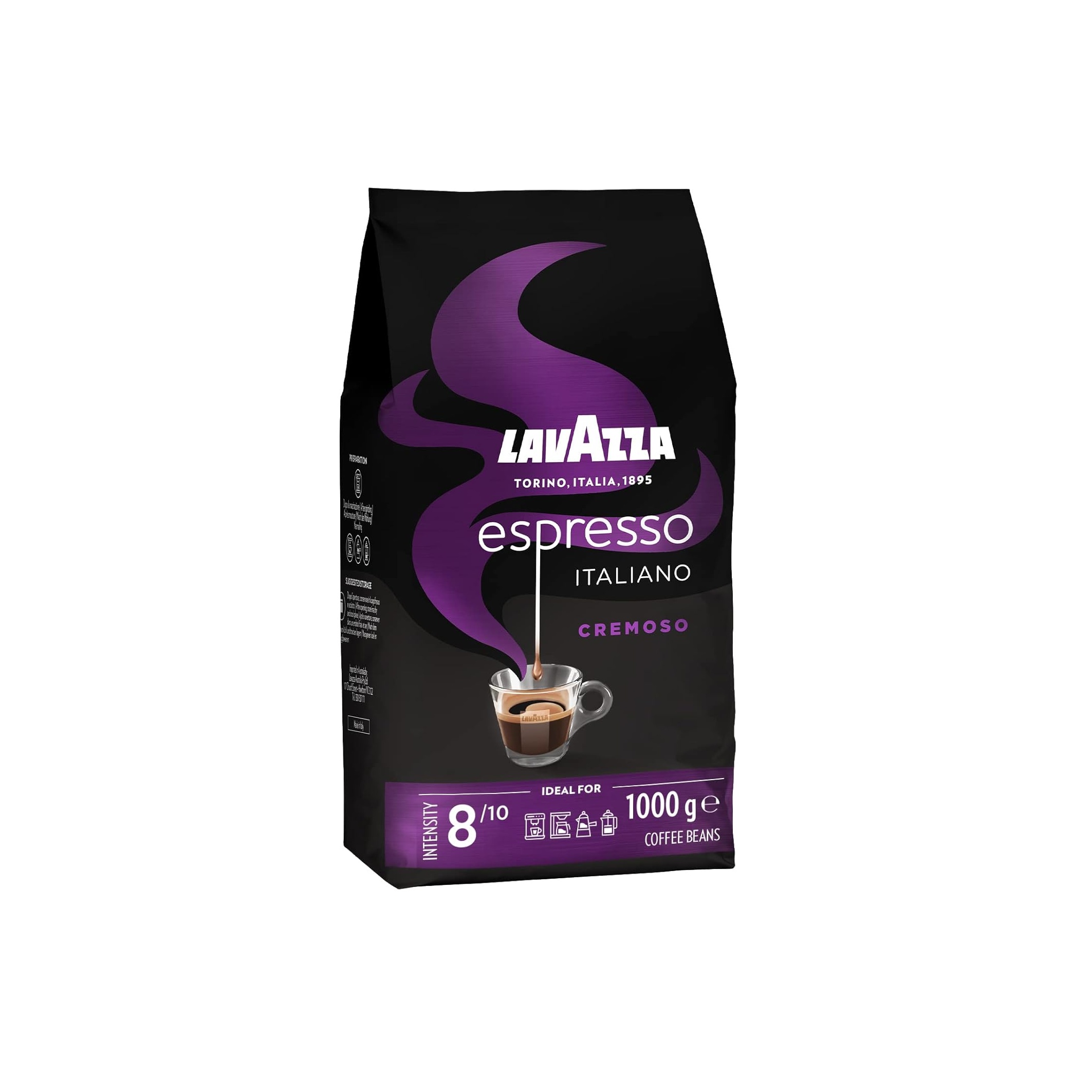 lavazza, espresso italiano cremoso, arabica und robusta kaffeebohnen, mit aromanoten von gewürzen und kakao, intensität 8/10, mittlere röstung, 1 packung mit 1 kg