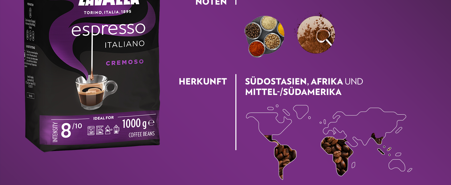 lavazza, espresso italiano cremoso, arabica und robusta kaffeebohnen, mit aromanoten von gewürzen und kakao, intensität 8/10, mittlere röstung, 1 packung mit 1 kg