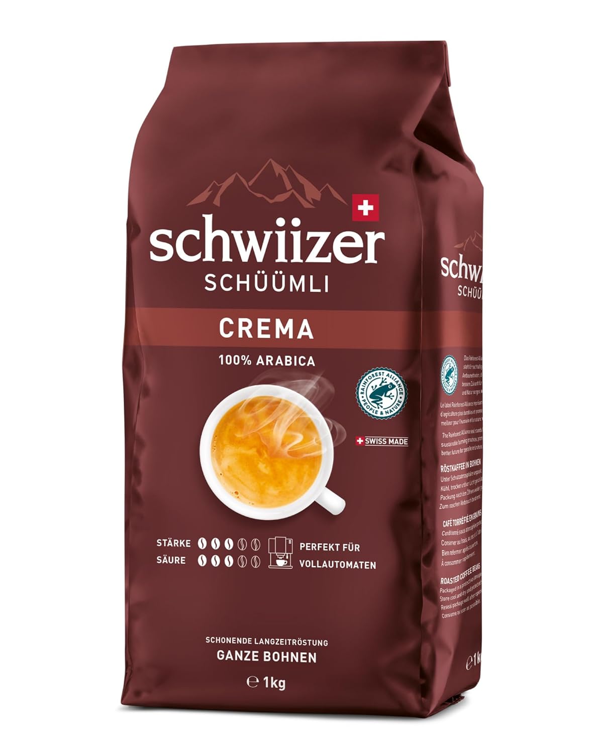 schwiizer schüümli crema, 100% arabica coffee beans, aromatic, intensive, for fully automatic machines, strength 3/5, medium roast, rainforest alliance certified, 1 kg