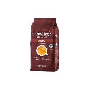 schwiizer schüümli crema, 100% arabica coffee beans, aromatic, intensive, for fully automatic machines, strength 3/5, medium roast, rainforest alliance certified, 1 kg