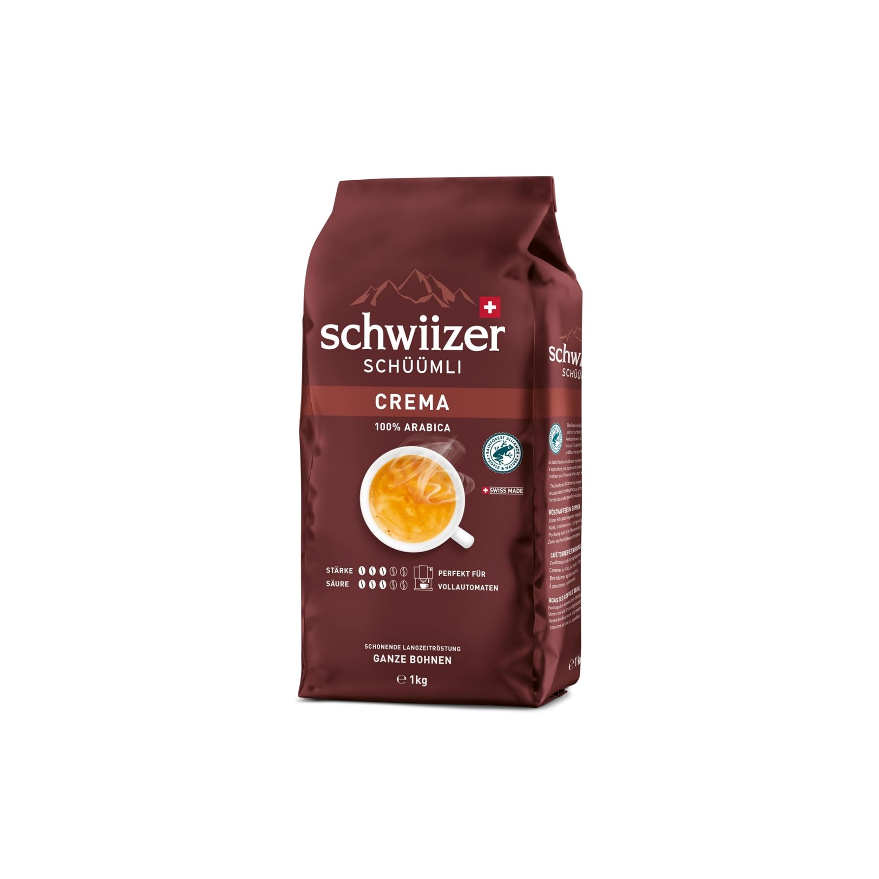 schwiizer schüümli crema, 100% arabica coffee beans, aromatic, intensive, for fully automatic machines, strength 3/5, medium roast, rainforest alliance certified, 1 kg